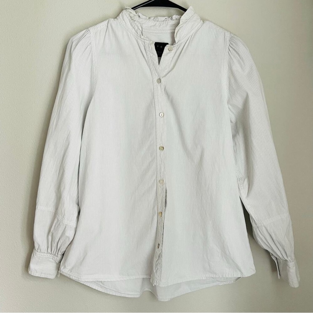 HATCH White Striped Button Down Blouse Ruffle Collar Maternity (Size 1)